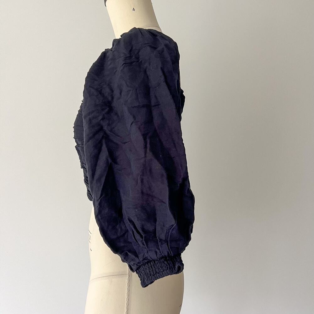 Posse Womens SMALL Black Linen Ivy Blouse Smocked Ruched Cropped Puff Sleeve - Picture 3 of 10